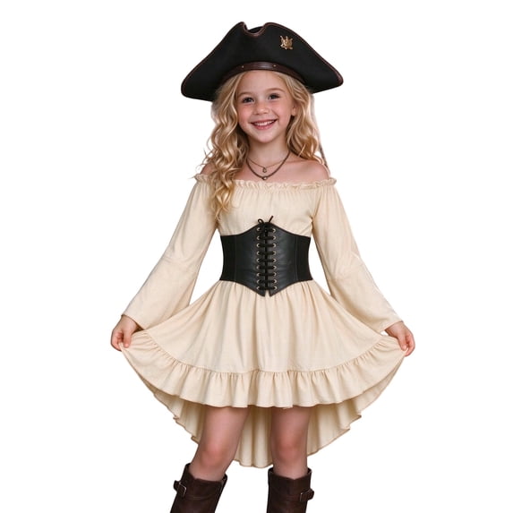 Halloween Girls Pirateer Dress Kids Off Shoulder Beller Sleeve High Low Ruffle Dress With Hat Renaissanceing For Halloween Party Dresses
