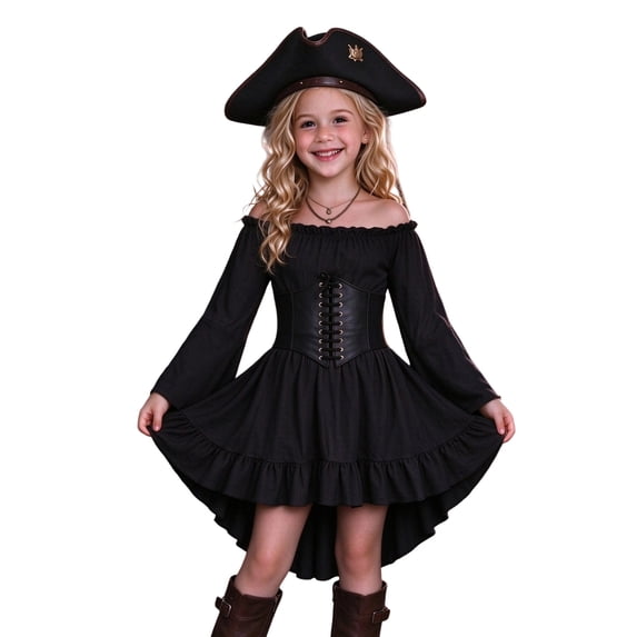 Halloween Girls Pirateer Dress Kids Off Shoulder Beller Sleeve High Low Ruffle Dress With Hat Renaissanceing For Halloween Party Dresses