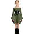 thumbnail image 1 of Halloween Girls Renaissance Dress Off Shoulder Dresses with Corset Belt Flared Long Sleeve Pleated Asymmetrical Hem Flowy Lightweight Pirate Themed Party Halloween Dress, 1 of 8