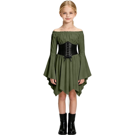 Halloween Girls Renaissance Dress Off Shoulder Dresses with Corset Belt Flared Long Sleeve Pleated Asymmetrical Hem Flowy Lightweight Pirate Themed Party Halloween Dress