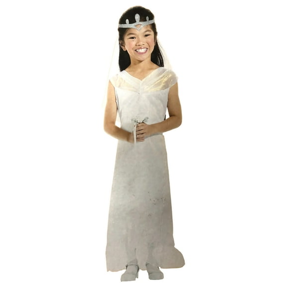 Halloween Girls Satiny White Brides Wedding Dress & Tiara Costume Medium (7-8)