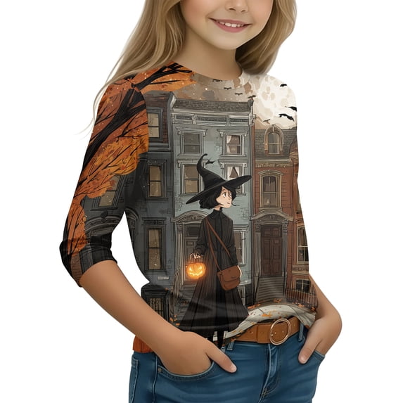 Halloween Girls Shirts 3/4 Sleeve 5-6 Cute Novelty Halloween Witch Crew Neck Casual Spring Fall Clothes Spooky Season T-Shirts