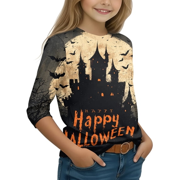 Halloween Girls Shirts 3/4 Sleeve 7-8 Cute Funny Happy Halloween Baisc Crew Neck Fall Girls Clothes Party Holiday Tee Tops