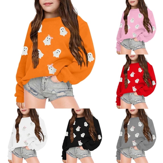 Halloween Girls Sweatshirts Pullovers Cute Ghost Print Lined Crewneck Pullover Long Sleeve Tops, Comfortable Kids Outerwear Clothes Shirts