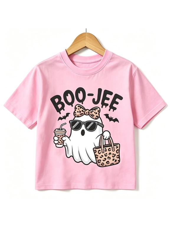 Halloween Girls T-Shirt Boo Ghost Leopard Print 100% Cotton Short Sleeve Kids Tees Gift For Children Pink
