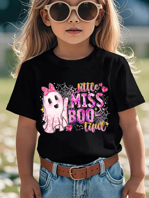 Halloween Girls T-Shirt Little Boo Tive Ghost 100% Cotton Short Sleeve Tees Gift For Kids
