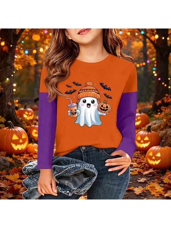 Halloween Girls Tops Size 8-10 Long Sleeve Novelty Cartoon Pumpkin Ghost Bat Tee Party Big Sister Outfit Crew Neck Tee Tops Saffron 5-6 Years