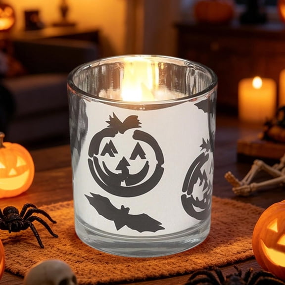 Halloween Glass Candle Holder, Pumpkin Bat Design Votive Candle Cup, Aromatherapy Candle Container for Party Table Decor, Festive Centerpiece Glass Jar for Home Ornament (2.76x2.76x3.15in)