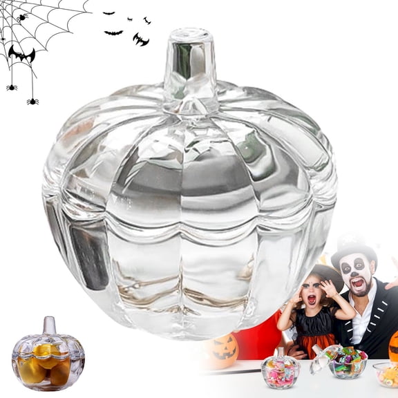 Halloween Glass Candy Jar with Lid, Pumpkin Jar Trinket Organizer, Candy Cookie Clear Storage for Halloween Christmas Thanksgiving, Fall Decorative Candy Bowl for Desk Office Party Home Decor