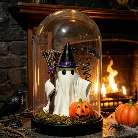 Halloween Glass Cloche Night Light, Lighted Ghost Glass Dome with Pumpkin, Bat and Moss Base, Halloween Tabletop Decor for Shelf, Mantel, Tiered Tray, Gothic Fall Home Centerpiece