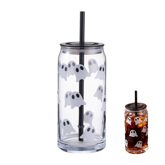 Halloween Glass Cup 16oz With Lid Straw Ghost Pumpkin Skeleton Coffee Cup, Reusable Festive Drinkware For Party Holiday Gift (1pc)