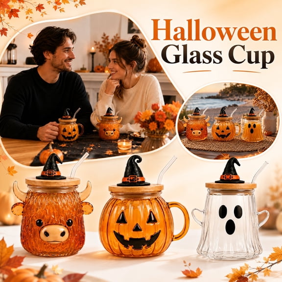Halloween Glass Cups, 12Oz Jack-O'-Lantern Amber Glass Cup with Witch Hat Lid, Glass Cup with Lid and Straw, Cute Spooky Halloween Tumbler with Handle, 3X3X4 Inch Decorative Cold