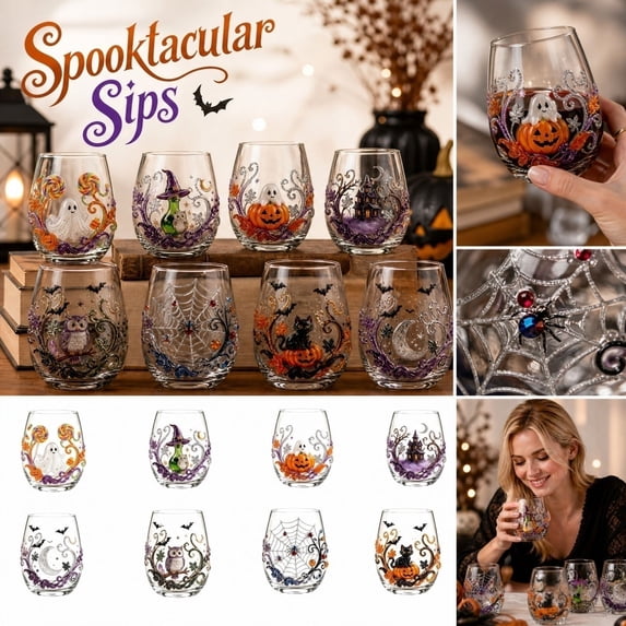 Halloween Glass Cups 15Oz Stemless Glass, Ghost Pumpkin Jack O Lantern Design for Party Drinkware, Seasonal Fall Home Kitchen Bar Decor, 4 X 3.5 Inch Halloween Glassware
