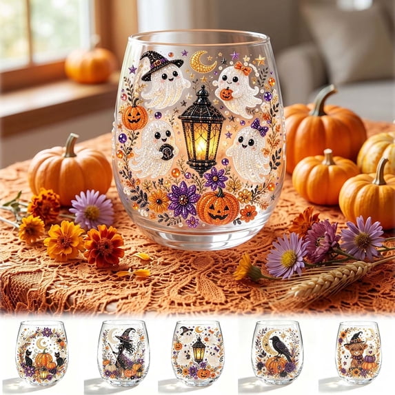 Halloween Glass Cups with Ghost Pumpkin Witch Pattern 12-15oz Clear Tumbler for Party Home Decor by OVFUIZ
