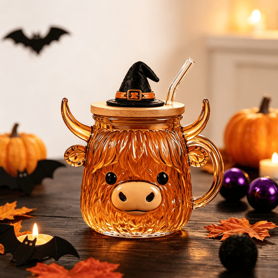 Halloween Glass Cups with Lids and Straws, 12oz Highland Cow Shaped Coffee Glasses, Cute Tea Glasses, Fall Home Decor & Holiday Gift