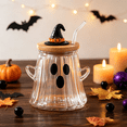 thumbnail image 1 of Halloween Glass Cups with Lids and Straws, 12oz Witch Hat Ghost Shaped Coffee Glasses, Cute Tea Glasses, Fall Home Decor & Holiday Gift, 1 of 8