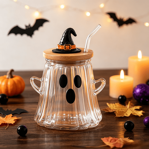 Halloween Glass Cups with Lids and Straws, 12oz Witch Hat Ghost Shaped Coffee Glasses, Cute Tea Glasses, Fall Home Decor & Holiday Gift