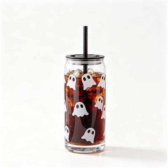 Halloween Glass Cups with Straw Lid Ghost