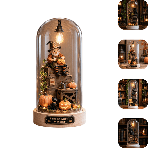 Halloween Glass Dome Miniature Scene Ambient Lamp, Dark Academia Spooky Tabletop Diorama Lamp, Wood Base Glass Cloche, Collectible Ornament for Halloween Home & Party Gift - Pumpkin Keeper's Workshop