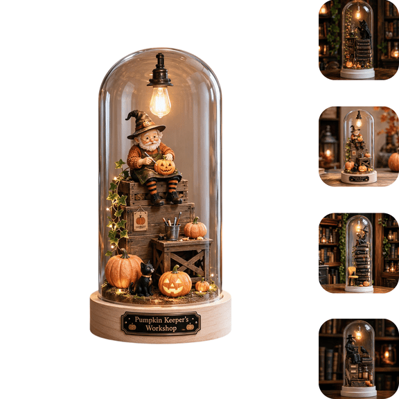 Halloween Glass Dome Miniature Scene Ambient Lamp, Dark Academia Spooky Tabletop Diorama Lamp, Wood Base Glass Cloche, Collectible Ornament for Halloween Home & Party Gift - Pumpkin Keeper's Workshop