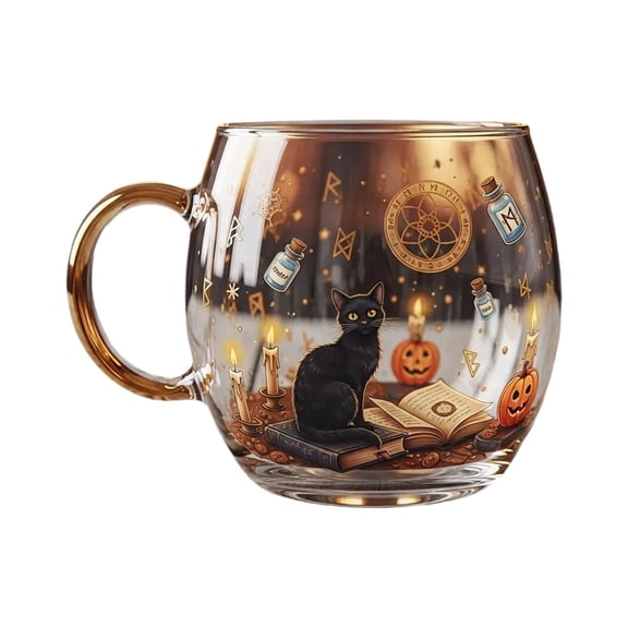 Halloween Glass Mug with Witchy Full-Wrap Spellbook and Alchemy Runes, Gothic Witch Decor Gift for Coffee Tea Hot Cocoa multicolor