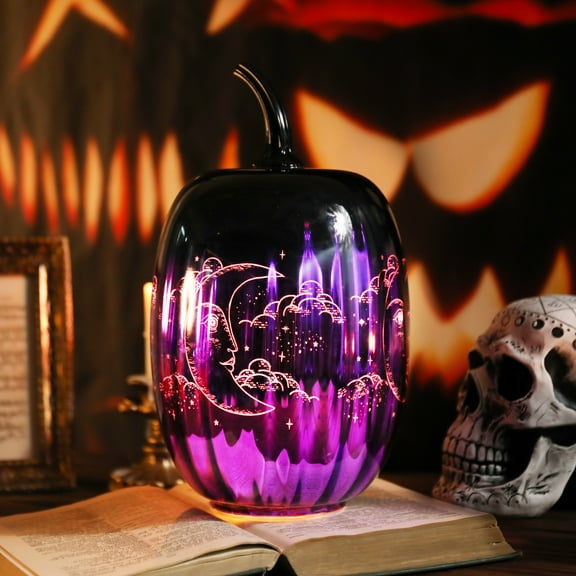 Halloween Glass Pumpkin Decor with Moon & Star Engravings – LED - Lit Purple & Black Jack - O - Lantern for Indoor/Outdoor Spooky Season Ambiance,Halloween Decor