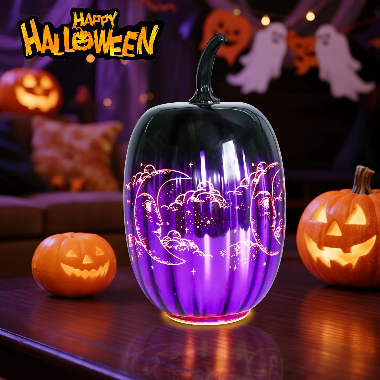 Halloween Glass Pumpkin Decor with Moon & Star Engravings – LED - Lit ...