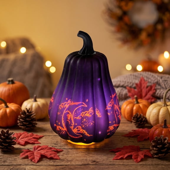 Halloween Glass Pumpkin LED Lamp Decor, Timed Night Light with Warm Glow and Sturdy Glass Construction, Festive Centerpiece Ornament for Home Party