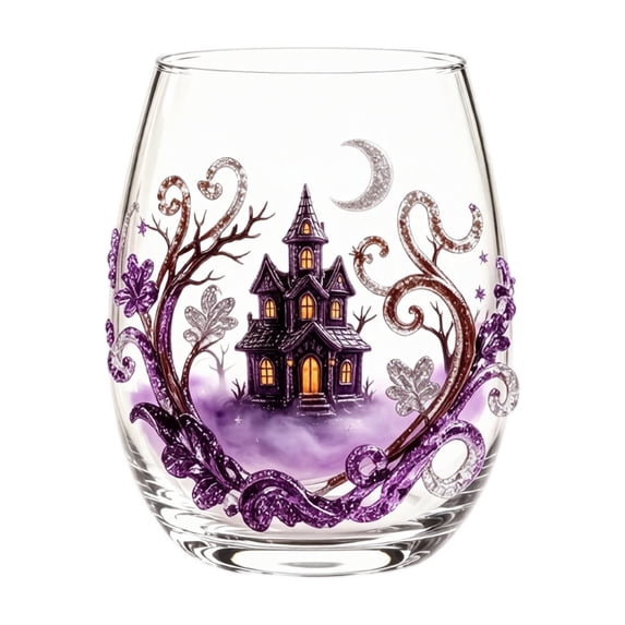 Halloween Glass Tumbler with Spooky Print, 15 oz No Handle Cup for Party, Clear Glass Beverage Glass with Ghost Pumpkin Bat Cat Spider Witch Hat Design, 3.35 x 4.21 Inch