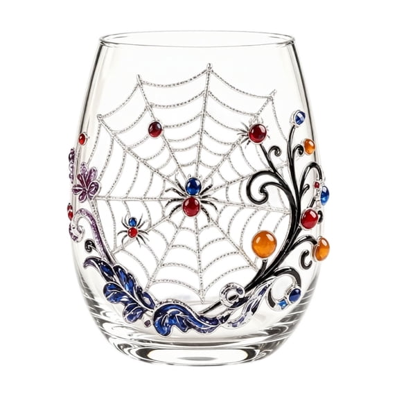Halloween Glass Tumbler with Spooky Print, 15 oz No Handle Cup for Party, Clear Glass Beverage Glass with Ghost Pumpkin Bat Cat Spider Witch Hat Design, 3.35 x 4.21 Inch