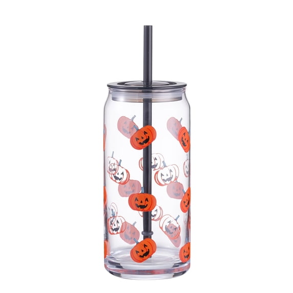 Halloween Glass Tumbler with Lid and Straw, Pumpkin Print Iced Coffee Cup for Fall Parties, Spooky Cute Drinkware for Home Kitchen and Seasonal Sips