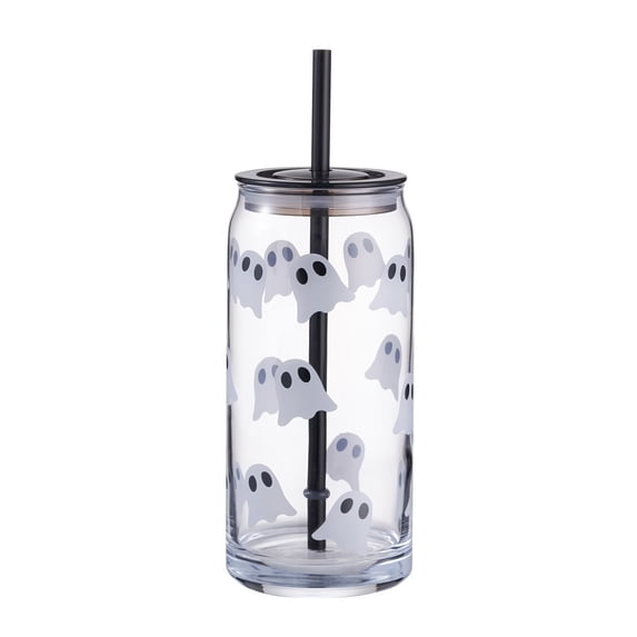 Halloween Glass Tumbler with Lid and Straw, Pumpkin Print Iced Coffee Cup for Fall Parties, Spooky Cute Drinkware for Home Kitchen and Seasonal Sips