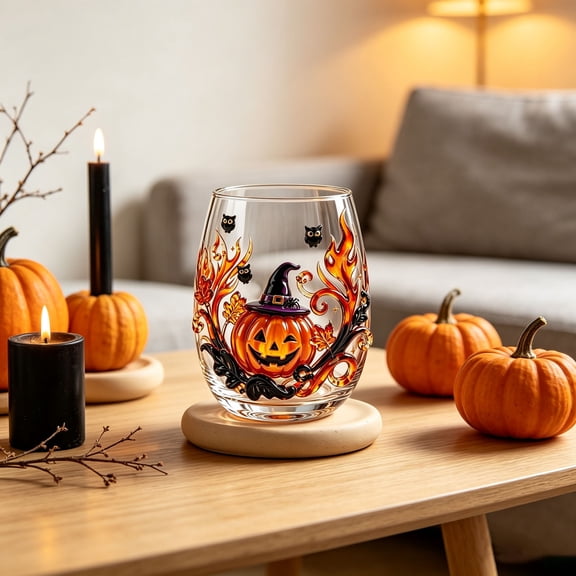 Halloween Glassware, Raised Pumpkin Drinking Cup, 12oz Stemless Gothic Glass for Fall Table and Party Bar