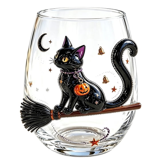 Halloween Glassware Stemless Tumbler – 12oz 2D Decorative Glass Cup for Fall Parties Gothic Home Decor & Holiday Gifts Black2