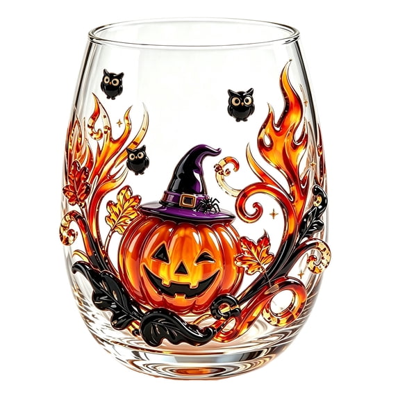 Halloween Glassware Stemless Tumbler – 12oz 2D Decorative Glass Cup for Fall Parties Gothic Home Decor & Holiday Gifts Orange2