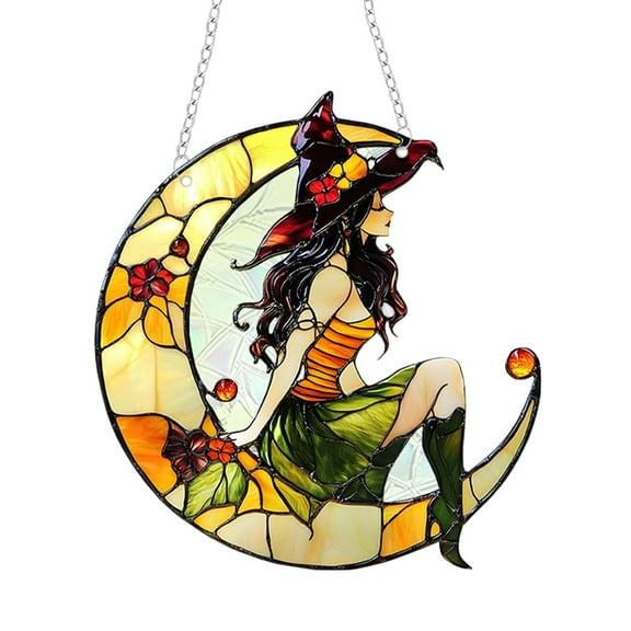 Halloween Glitter Crescent Moon and Witch Acrylic Hanging Decor Light Catcher Window Ornament 10 Inch