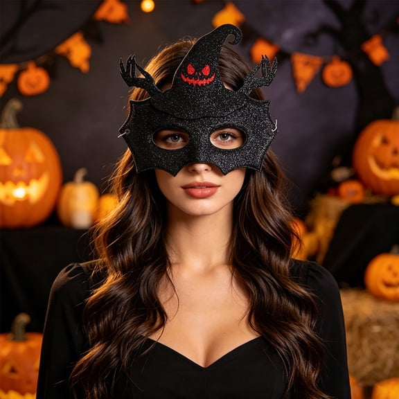 Halloween Glitter Half-Face Mask, Elastic Band Eye Cover with Bat/Devil/Spider Design for Masquerade Party (1 PC) A One Size