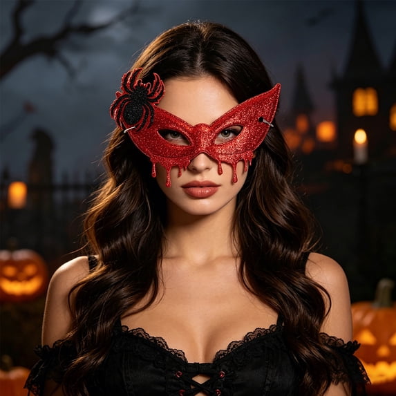 Halloween Glitter Half-Face Mask, Elastic Band Eye Cover with Bat/Devil/Spider Design for Masquerade Party (1 PC) D One Size