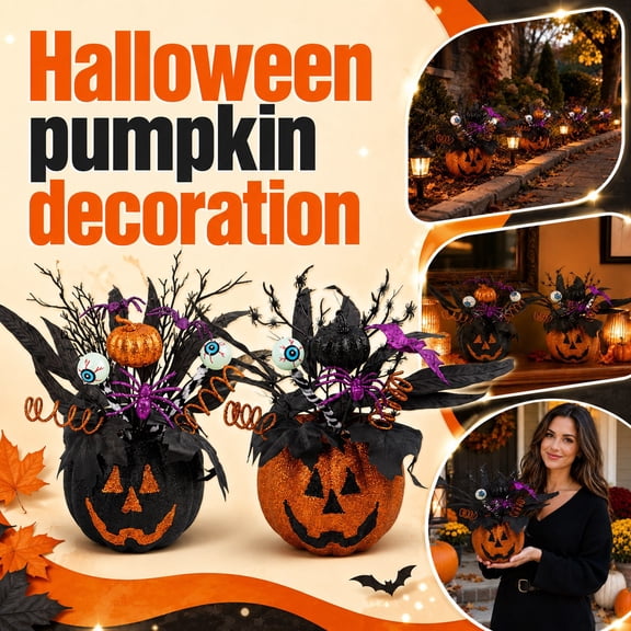 Halloween Glitter Pumpkin Centerpiece, 11.8" Artificial Jack-O'-Lantern Floral Pumpkin with Spider and Eyeball, Spooky Table Decor for Home Party Mantel Dining Table Haunted House