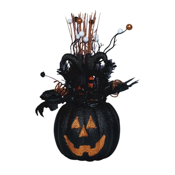 Halloween Glitter Pumpkin Centerpiece Tree, Gothic Jack-O'-Lantern Tabletop Figurine with Spooky Berries Candy Corn, Autumn Harvest Floral Ornament for Porch Home Party Display