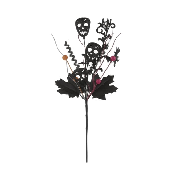 Halloween Glitter Skull Branch Picks, Fake Twig Stems with Black Maple Leaves & Berries, Gothic Vase Floral Ornament