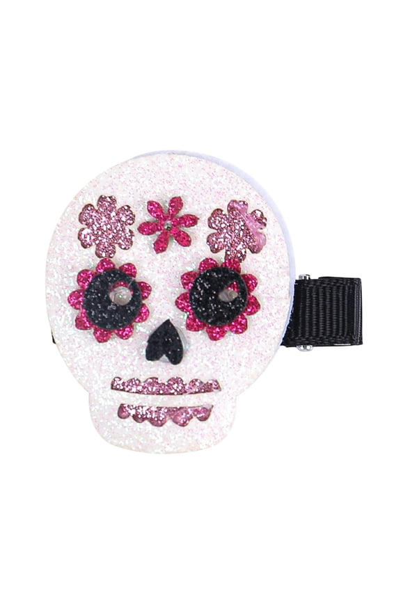 Halloween Glitter Sugar Skull Hair Clip, Pink Floral Day of The Dead Barrettes for Girls Kids Halloween Gothic Party Hair Accessory