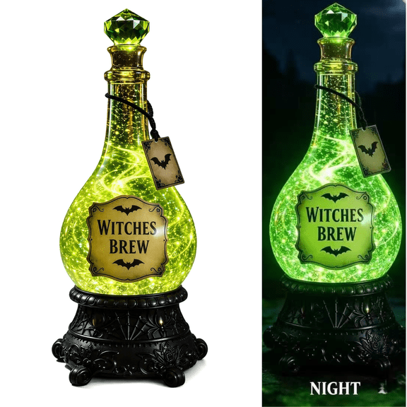 Halloween Glitter Witch Brew Poison Bottle Lamp | Mesmerizing Swirling Green Glitter Collectible Decor, halloween decorations indoor for Gothic Home, Mantel and Themed Party Display