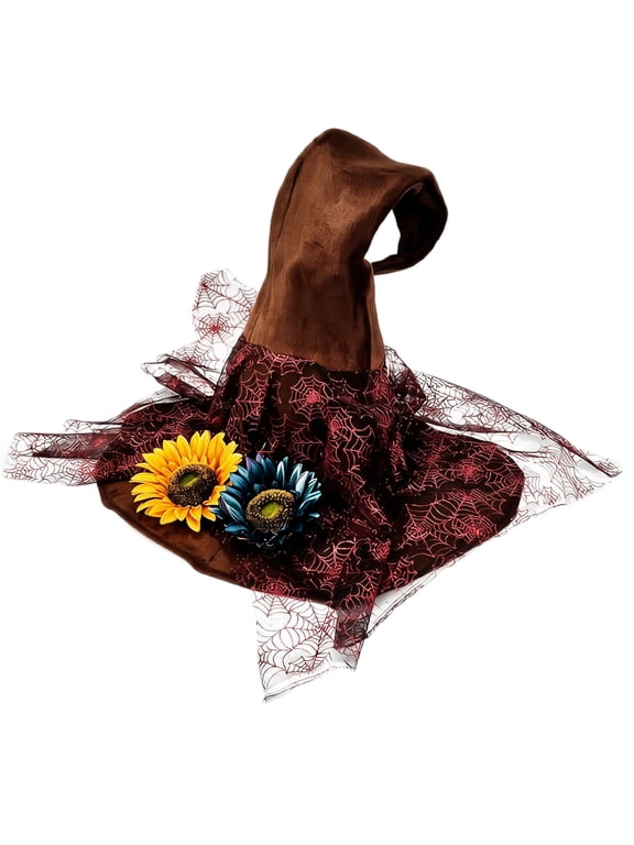 Halloween Glitter Witch Hat for Women with Mesh Veil, Pointed Cone Wide Brim Costume Hat, Wizard Accessory for Party Dress Up Cosplay Stage Brown