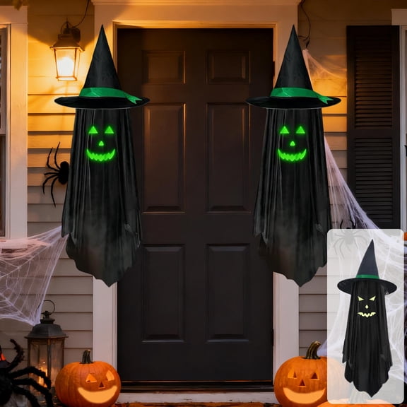Halloween Glow In Dark Ghost Witch Hat Cloth Hanging Ornament Light Storing Fluorescent Face Easy Hang Tear Resistant Indoor Covered Outdoor Spooky Venue Decor