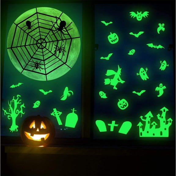 Halloween Glow in The Dark Decorations Weird Moon Sticker Green Luminous Sipder Pumpkin Decal Ghost Spooky Btats Window Clings Wall Decor for Kids Halloween Party Supplies