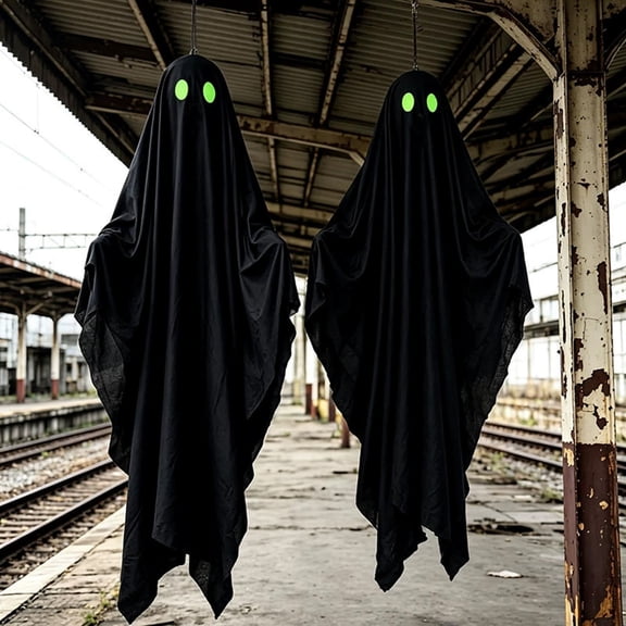Halloween Glow in The Dark Black Ghost Hanging Pendant,Floating Luminous Eye Ghost Ornament for Yard,Porch,Doorway,Tree,Spooky Outdoor Decor
