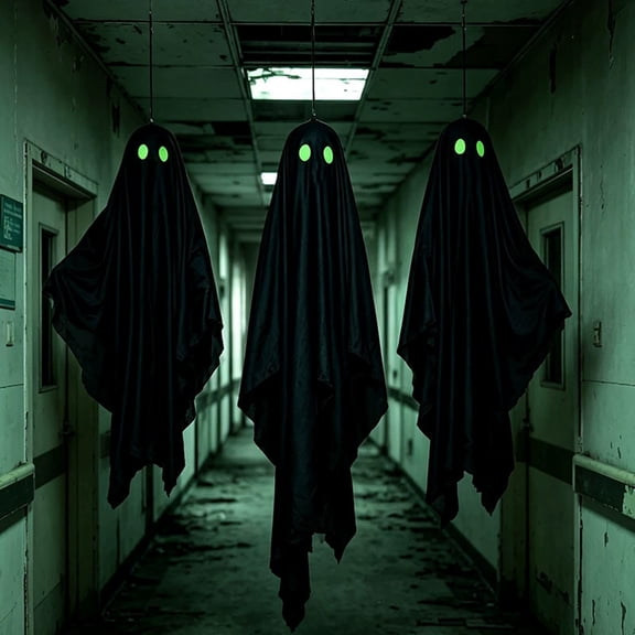 Halloween Glow in The Dark Black Ghost Pendant, Outdoor Hanging Ornament for Courtyard & Ghost House Scene, Spooky Party Decor, Battery Operated