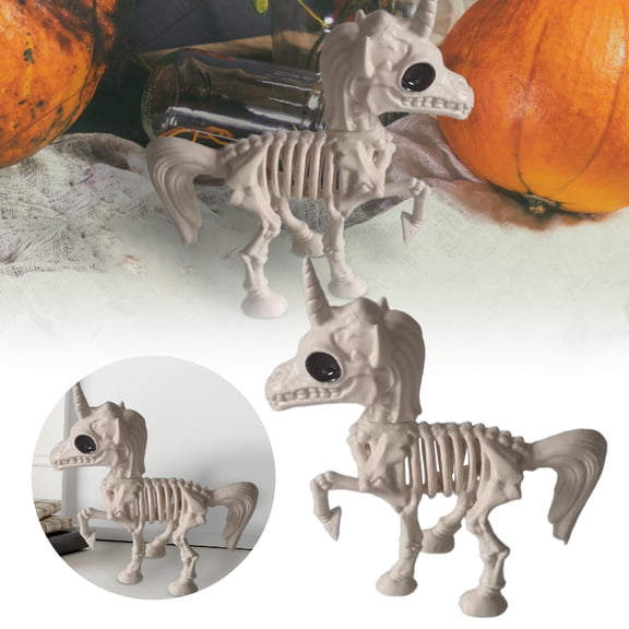 Halloween Glow-in-the-Dark Skeleton Unicorn Figurine, Mini Animal Bones Statue, Spooky Home Decor for Haunted House & Halloween Party Display