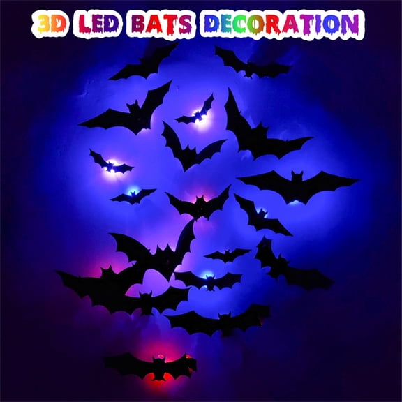 Halloween Glowing Bat Wall Decorations with Color Changing LED, 3D Light Up Bat Stickers for Bedroom Living Room Party, 5 Sizes Set